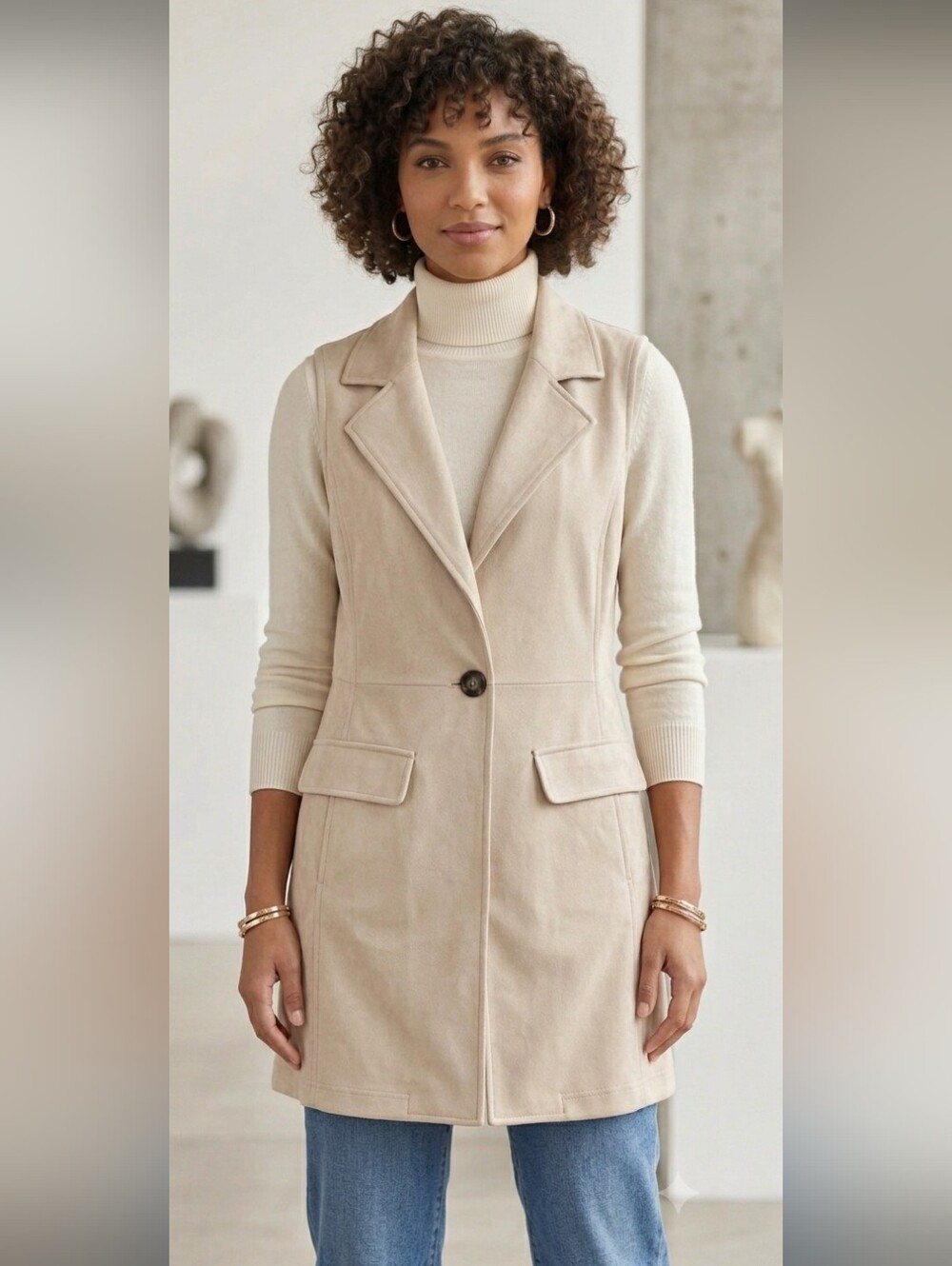 Cavalini Sleeveless Single-Button Vest in Light Beige